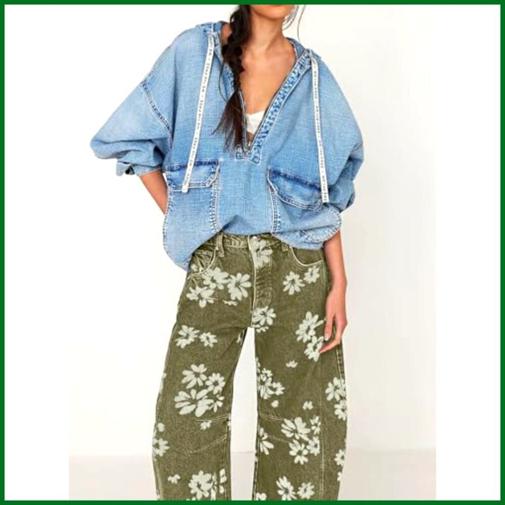 Distressed Barrel Jeans Baggy Wide Leg Floral Printed Patchwork Denim Pants - Picture 2 of 7